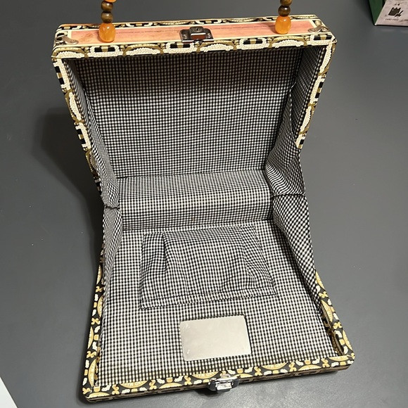 Very cool Vintage Cigar Box Bag beaded angel playing harp image wood bead handle - Picture 5 of 9